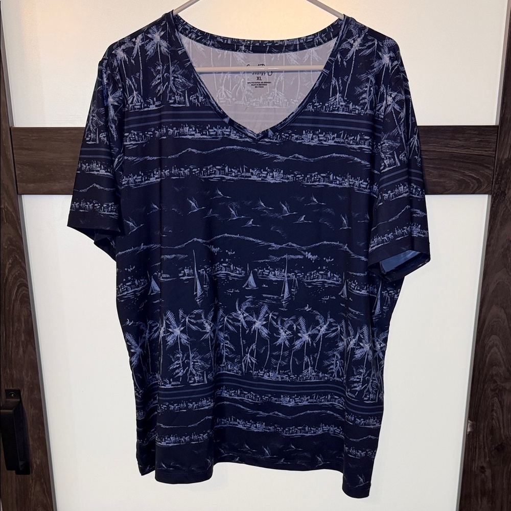 Coral Bay Navy Blue Palm & Sailboat V-Neck Short Sleeve Tee